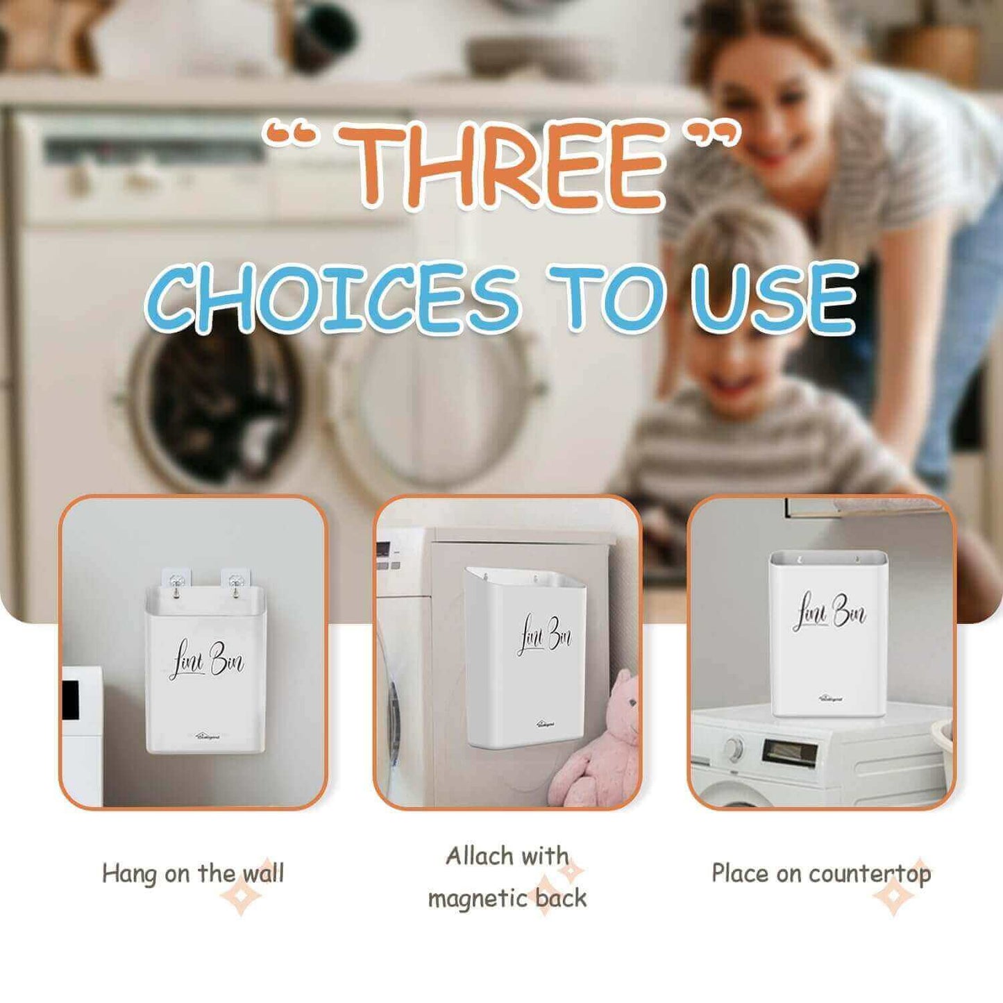 Magnetic Lint Bin with Dryer Lint Brush, Wall-Mounted, Space-Saving Laundry Trash Can