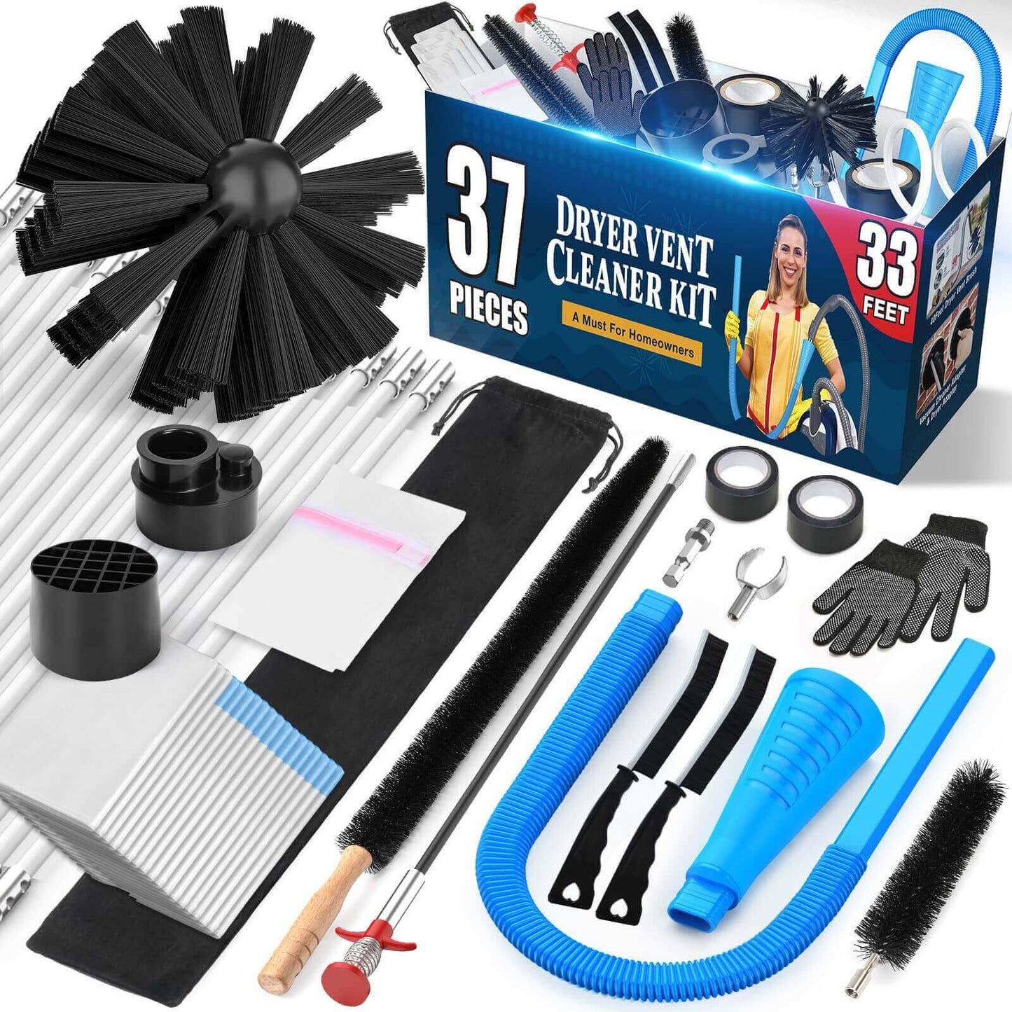 37-Piece Dryer Vent Cleaning Kit with Lint Vacuum Attachment & Universal Adapters
