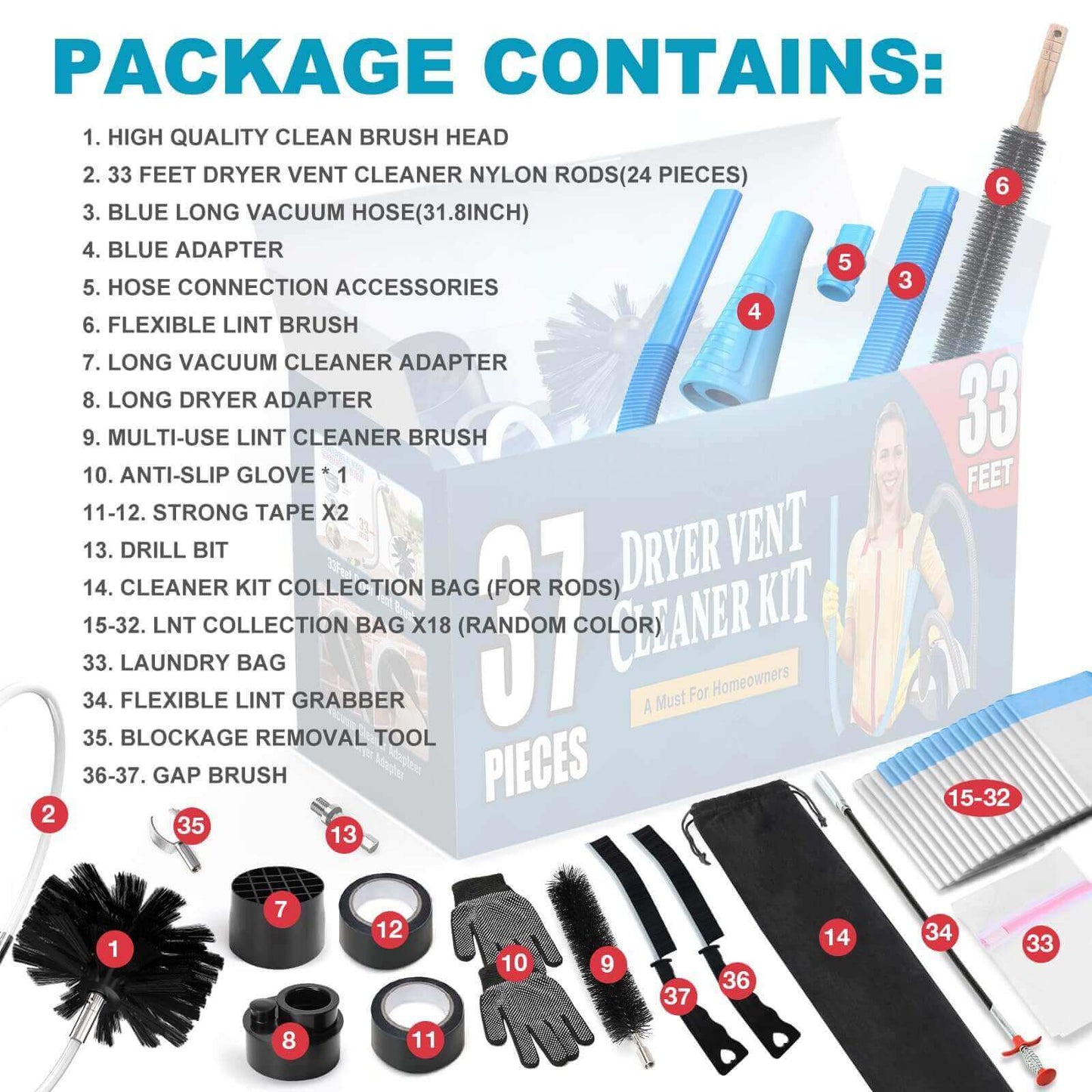 37-Piece Dryer Vent Cleaning Kit with Lint Vacuum Attachment & Universal Adapters