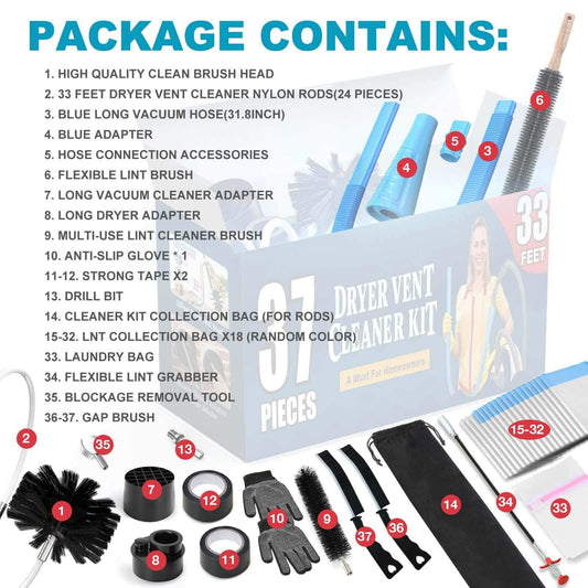 37-Piece Dryer Vent Cleaning Kit with Lint Vacuum Attachment & Universal Adapters
