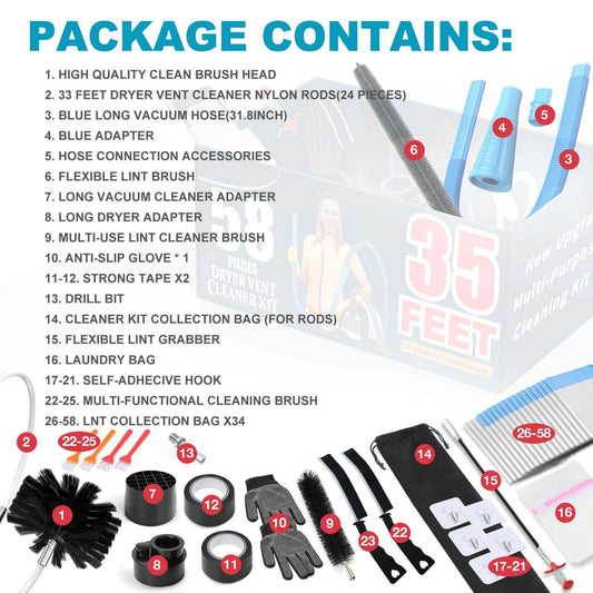 58-Piece Dryer Vent Cleaning Kit with Lint Vacuum Attachment & Universal Adapters