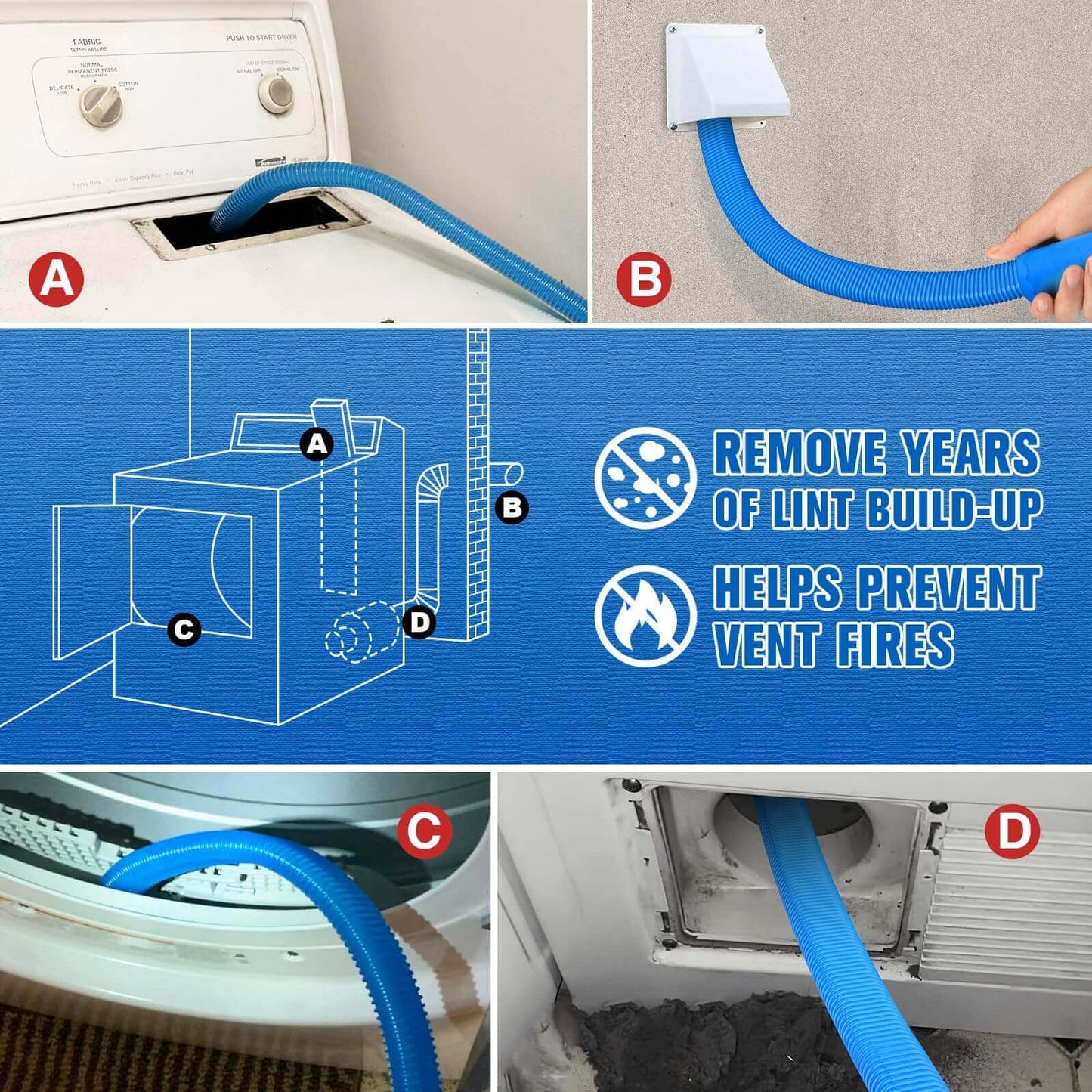 Universal Dryer Vent Vacuum Hose, One-Piece Design, Fits All Vacuums